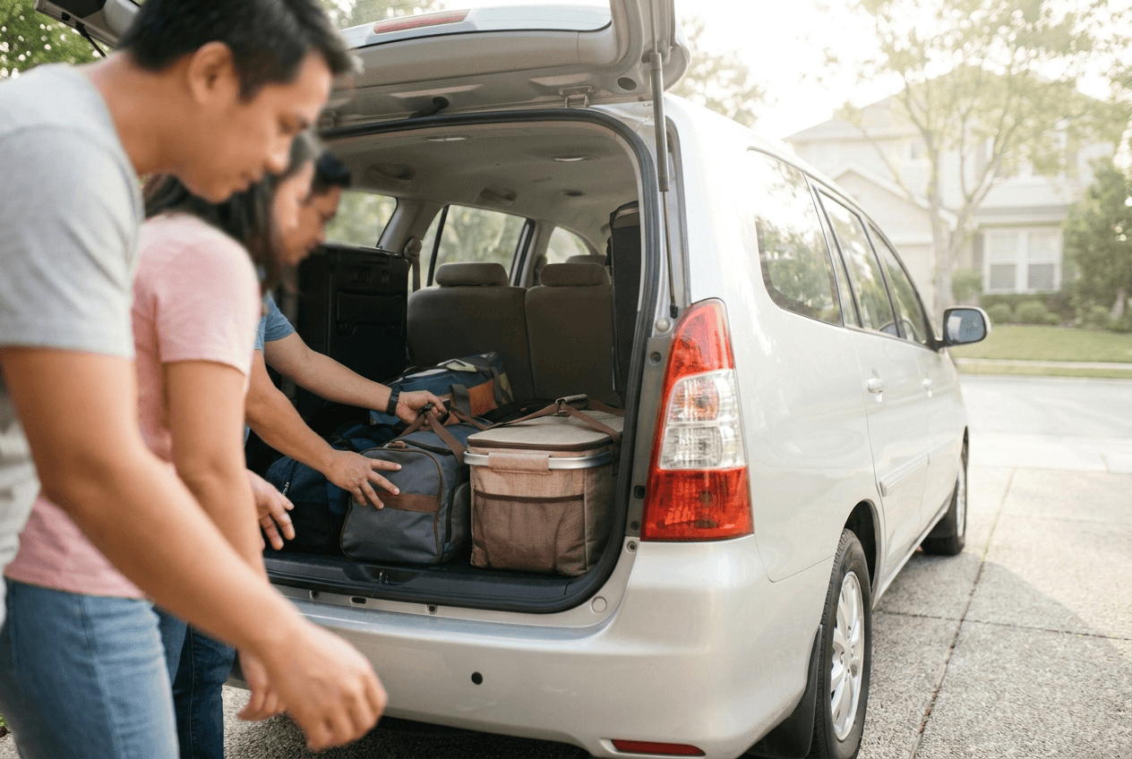 A family loading bags into the back of a seven-seater car