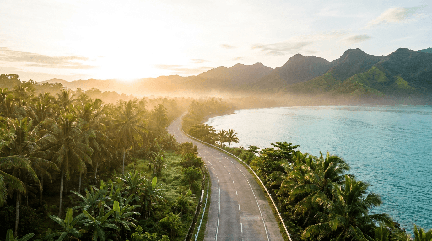 A coastal highway winding through palms along a turquoise Philippine shoreline at sunrise